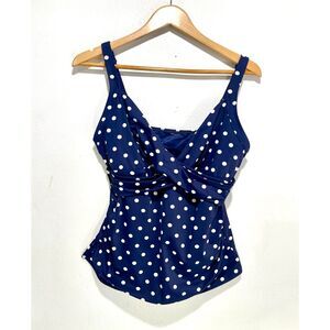 Land's End tankini flare babydoll extra support polka dots blue women 14P